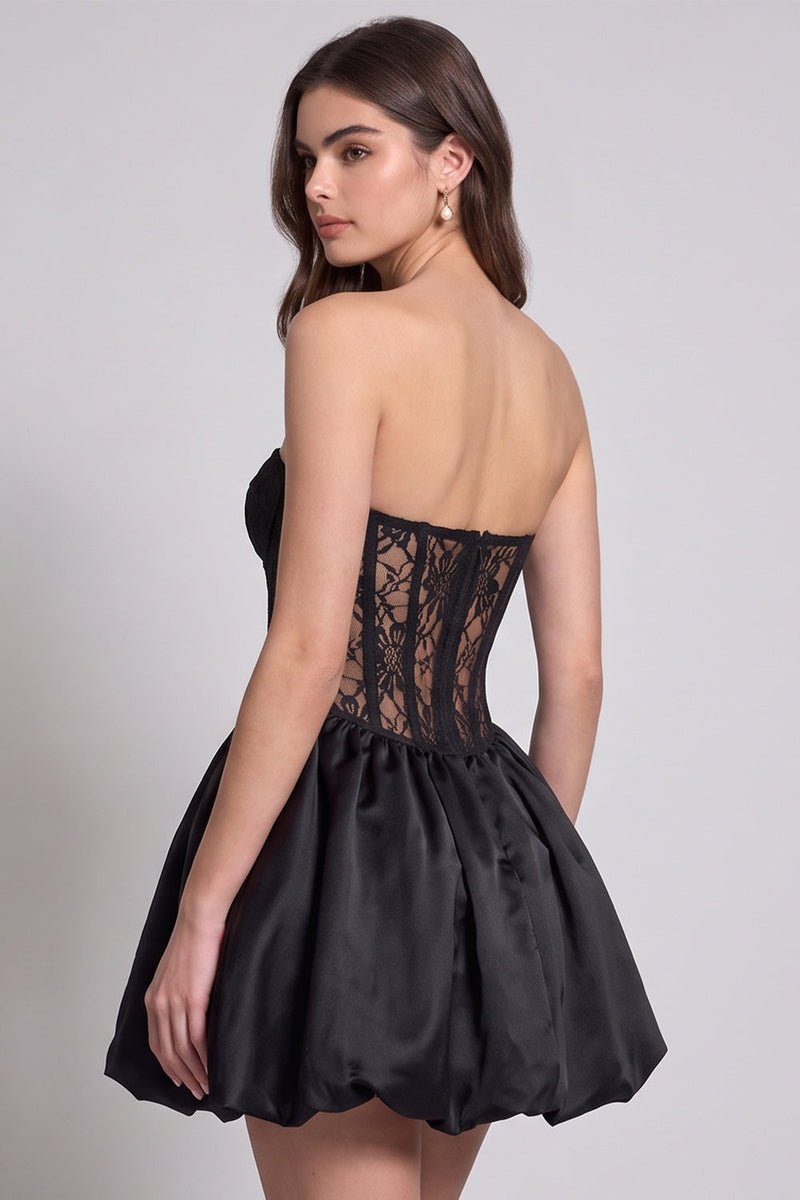 Laden Sie das Bild in den Galerie-Viewer, Schwarzes Korsett Trägerloses Bubble-Hem Kurzes Cocktailkleid mit Spitze