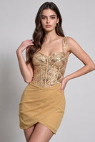 Laden Sie das Bild in den Galerie-Viewer, Goldenes Korsett Bodycon Chiffon Gerafftes Kurzes Cocktailkleid mit Pailletten