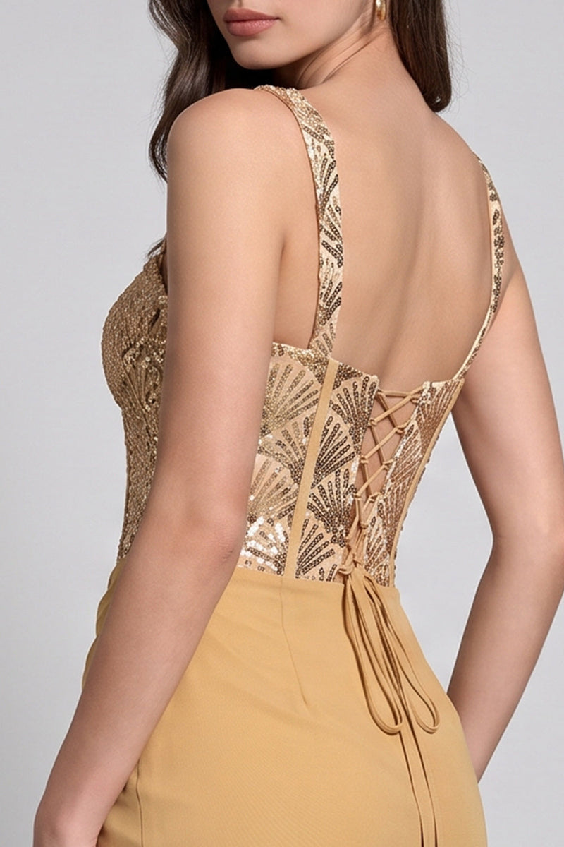 Laden Sie das Bild in den Galerie-Viewer, Goldenes Korsett Bodycon Chiffon Gerafftes Kurzes Cocktailkleid mit Pailletten