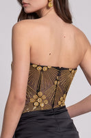 Laden Sie das Bild in den Galerie-Viewer, Schwarzes goldenes Korsett Transparentes Trägerloses Gerafftes Bodycon Kurzes Cocktailkleid mit Perlen
