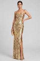 Laden Sie das Bild in den Galerie-Viewer, Glitzerndes Goldenes Pailletten 3D-Applikationen Maxi Abendkleid mit seitlichem Schlitz