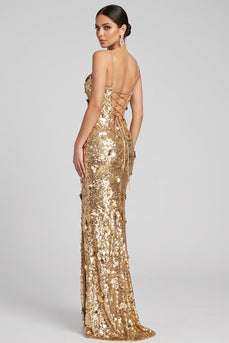 Glitzerndes Goldenes Pailletten 3D-Applikationen Maxi Abendkleid mit seitlichem Schlitz
