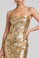 Laden Sie das Bild in den Galerie-Viewer, Glitzerndes Goldenes Pailletten 3D-Applikationen Maxi Abendkleid mit seitlichem Schlitz