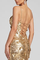 Laden Sie das Bild in den Galerie-Viewer, Glitzerndes Goldenes Pailletten 3D-Applikationen Maxi Abendkleid mit seitlichem Schlitz