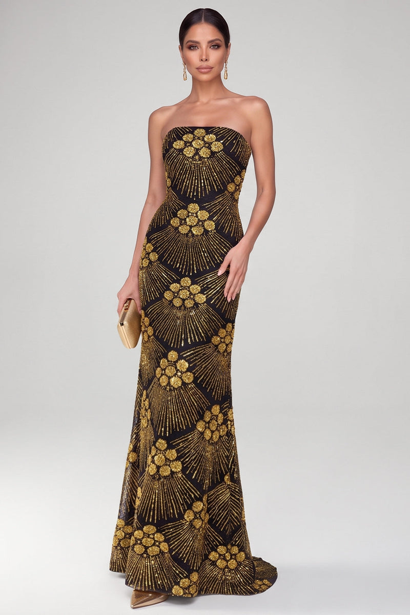 Laden Sie das Bild in den Galerie-Viewer, Glitzerndes Schwarzes Goldenes Sheath Trägerloses Pailletten Maxi Abendkleid mit Perlen