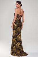 Laden Sie das Bild in den Galerie-Viewer, Glitzerndes Schwarzes Goldenes Sheath Trägerloses Pailletten Maxi Abendkleid mit Perlen