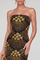 Laden Sie das Bild in den Galerie-Viewer, Glitzerndes Schwarzes Goldenes Sheath Trägerloses Pailletten Maxi Abendkleid mit Perlen