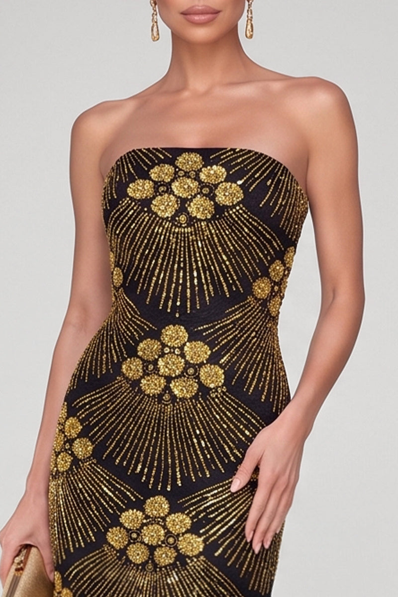 Laden Sie das Bild in den Galerie-Viewer, Glitzerndes Schwarzes Goldenes Sheath Trägerloses Pailletten Maxi Abendkleid mit Perlen