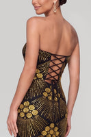 Laden Sie das Bild in den Galerie-Viewer, Glitzerndes Schwarzes Goldenes Sheath Trägerloses Pailletten Maxi Abendkleid mit Perlen