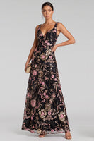 Laden Sie das Bild in den Galerie-Viewer, Schwarzes Rosa A-Linie V-Hals Maxi Abendkleid mit Blumenausschnitt und Pailletten