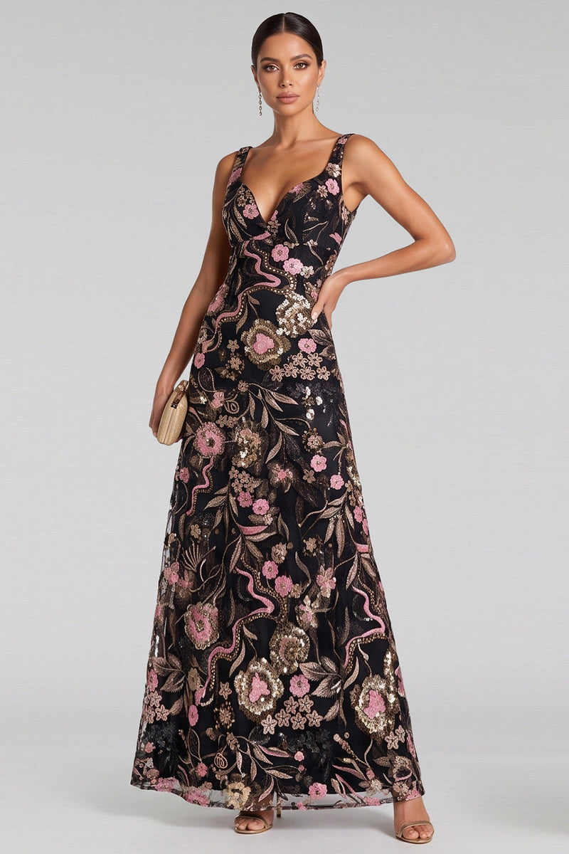Laden Sie das Bild in den Galerie-Viewer, Schwarzes Rosa A-Linie V-Hals Maxi Abendkleid mit Blumenausschnitt und Pailletten