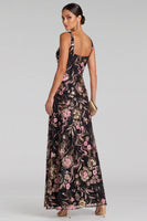 Laden Sie das Bild in den Galerie-Viewer, Schwarzes Rosa A-Linie V-Hals Maxi Abendkleid mit Blumenausschnitt und Pailletten