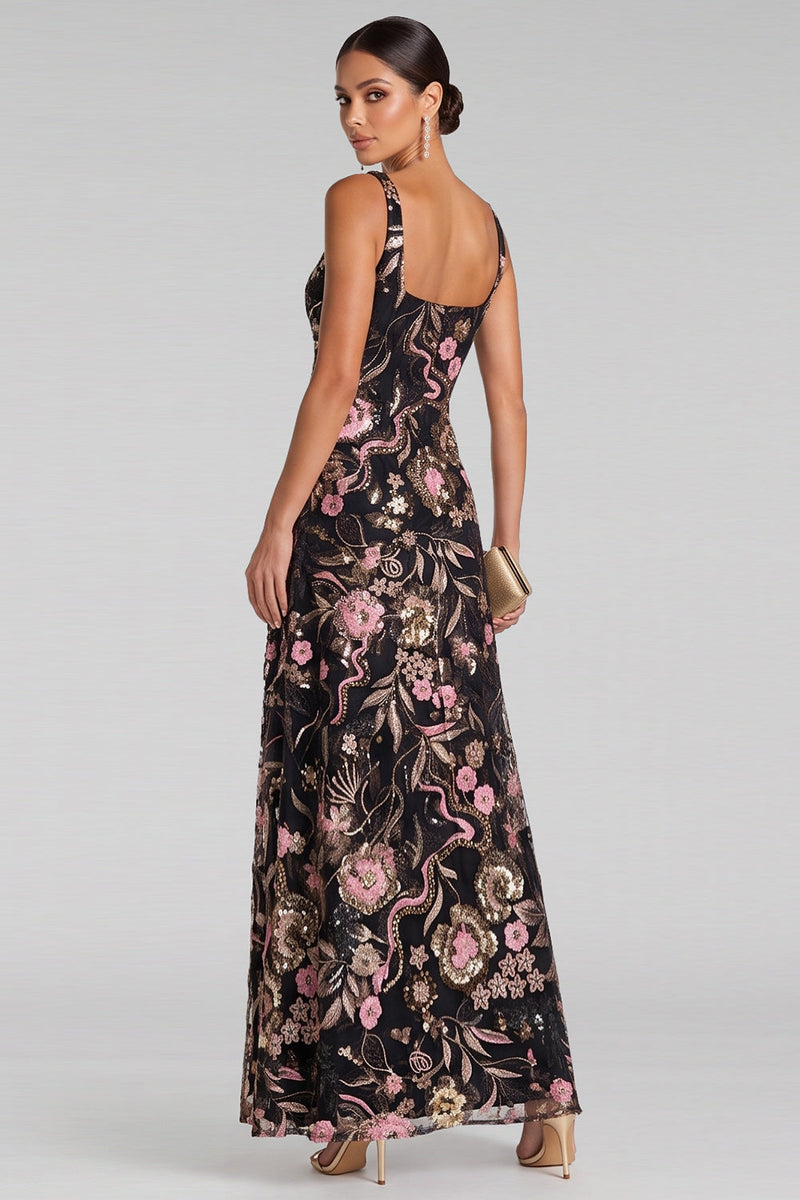 Laden Sie das Bild in den Galerie-Viewer, Schwarzes Rosa A-Linie V-Hals Maxi Abendkleid mit Blumenausschnitt und Pailletten