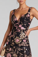 Laden Sie das Bild in den Galerie-Viewer, Schwarzes Rosa A-Linie V-Hals Maxi Abendkleid mit Blumenausschnitt und Pailletten