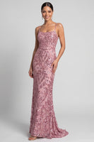Laden Sie das Bild in den Galerie-Viewer, Glitzerndes Meerjungfrauen Spaghetti-Träger Pailletten Rosa Abendkleid mit Schnürung auf dem Rücken
