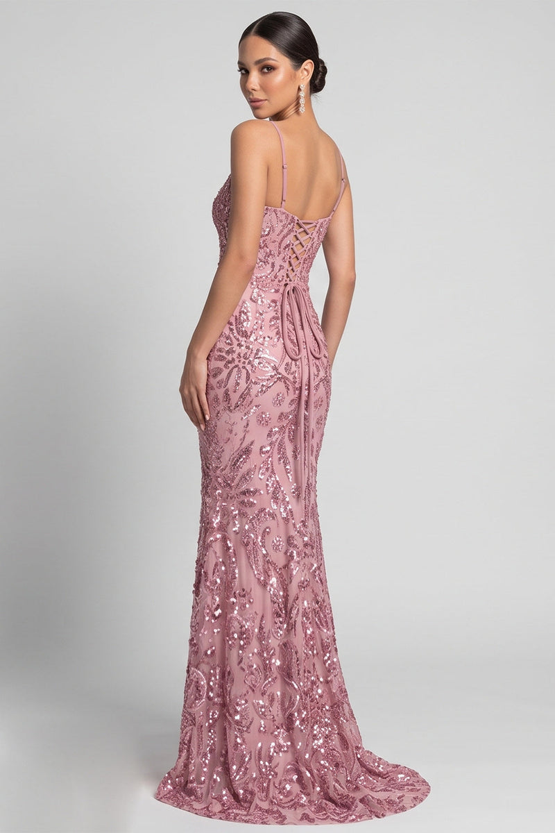 Laden Sie das Bild in den Galerie-Viewer, Glitzerndes Meerjungfrauen Spaghetti-Träger Pailletten Rosa Abendkleid mit Schnürung auf dem Rücken