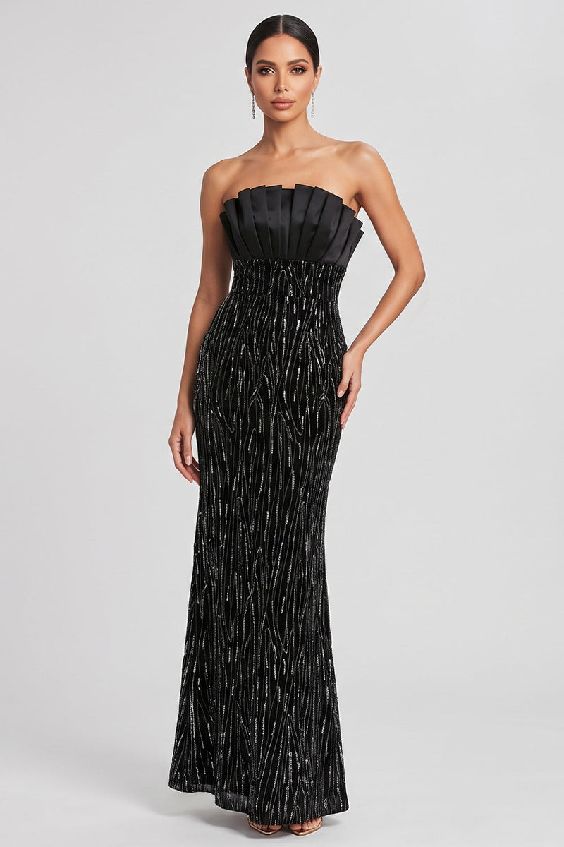 Laden Sie das Bild in den Galerie-Viewer, Schwarzes Meerjungfrauen Trägerloses Plissiertes Pailletten Satin Abendkleid