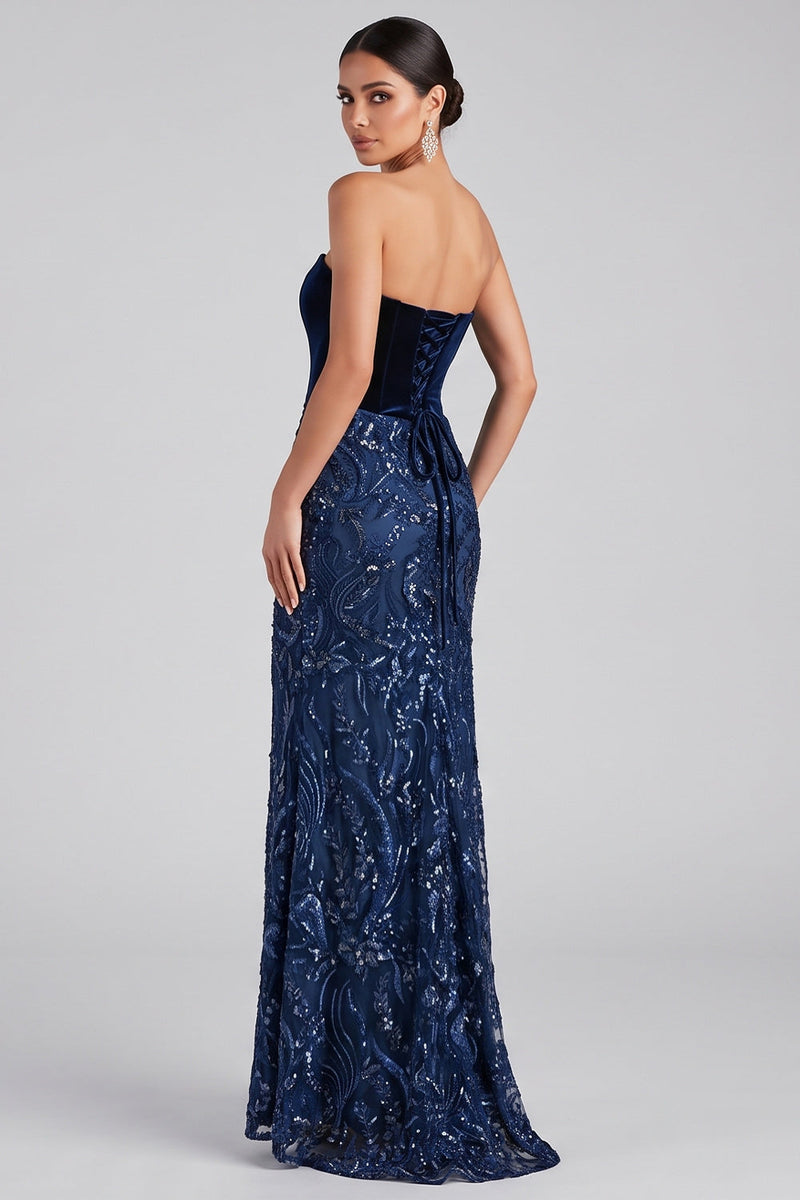 Laden Sie das Bild in den Galerie-Viewer, Marineblaues Trägerloses Meerjungfrauen Samt Pailletten Langes Abendkleid