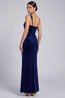 Laden Sie das Bild in den Galerie-Viewer, Glitzerndes Marineblaues Samt Abendkleid mit einer Schulter und Falten