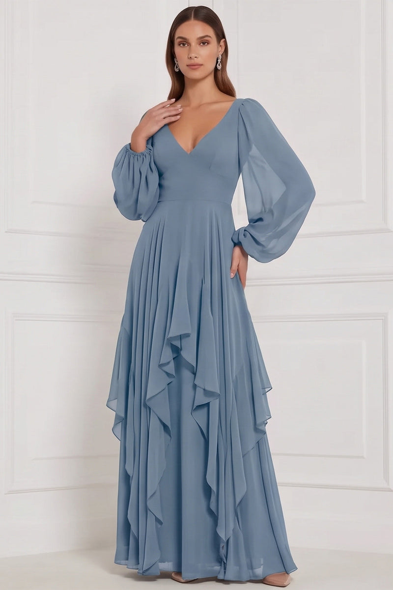 Laden Sie das Bild in den Galerie-Viewer, Espresso A-Linie V-Ausschnitt Puffärmel Maxi Brautjungfernkleid mit Rüschen