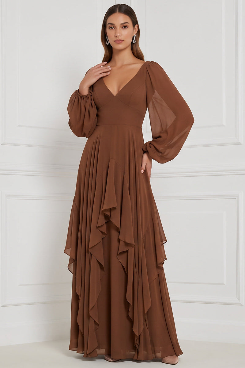 Laden Sie das Bild in den Galerie-Viewer, Espresso A-Linie V-Ausschnitt Puffärmel Maxi Brautjungfernkleid mit Rüschen