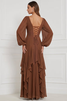 Espresso A-Linie V-Ausschnitt Puffärmel Maxi Brautjungfernkleid mit Rüschen