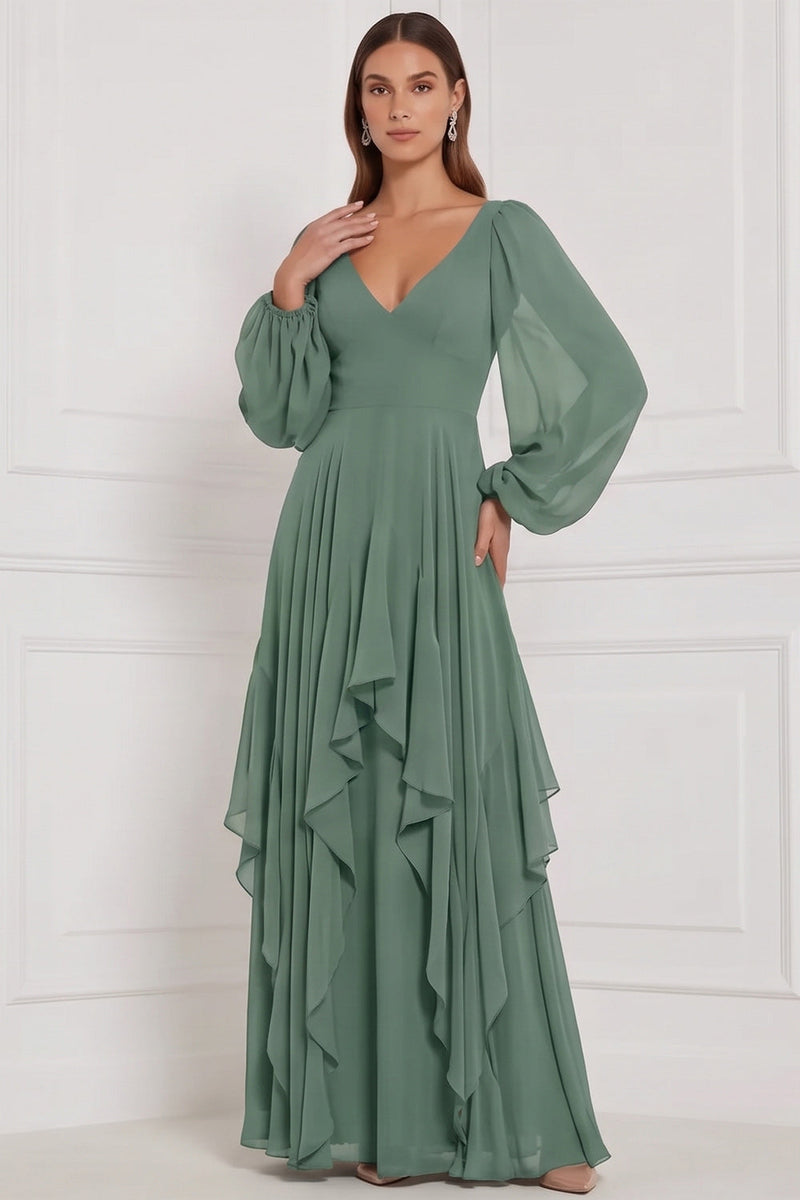 Laden Sie das Bild in den Galerie-Viewer, Espresso A-Linie V-Ausschnitt Puffärmel Maxi Brautjungfernkleid mit Rüschen