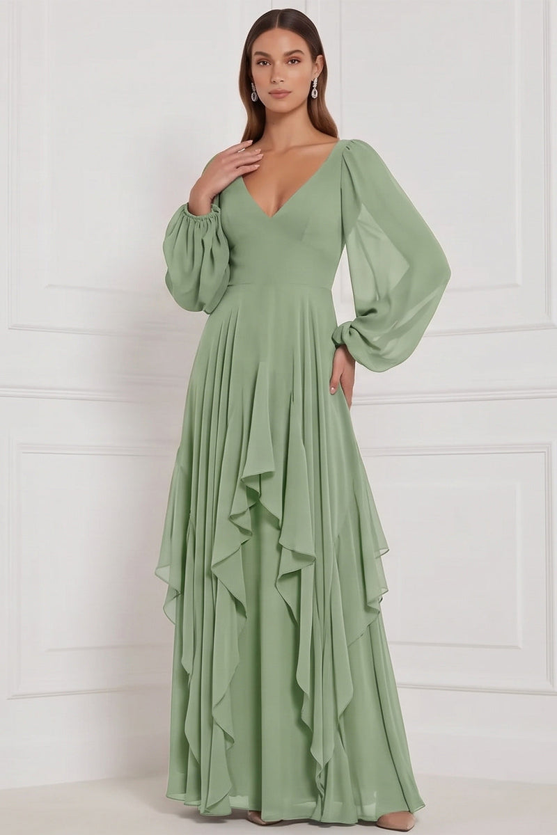 Laden Sie das Bild in den Galerie-Viewer, Espresso A-Linie V-Ausschnitt Puffärmel Maxi Brautjungfernkleid mit Rüschen
