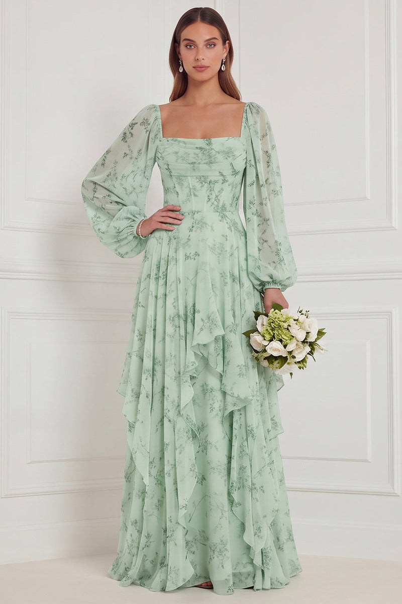 Laden Sie das Bild in den Galerie-Viewer, Salbei A-Linie Muster Quadrathals Langärmliges Gestuftes Brautjungfernkleid mit Rüschen