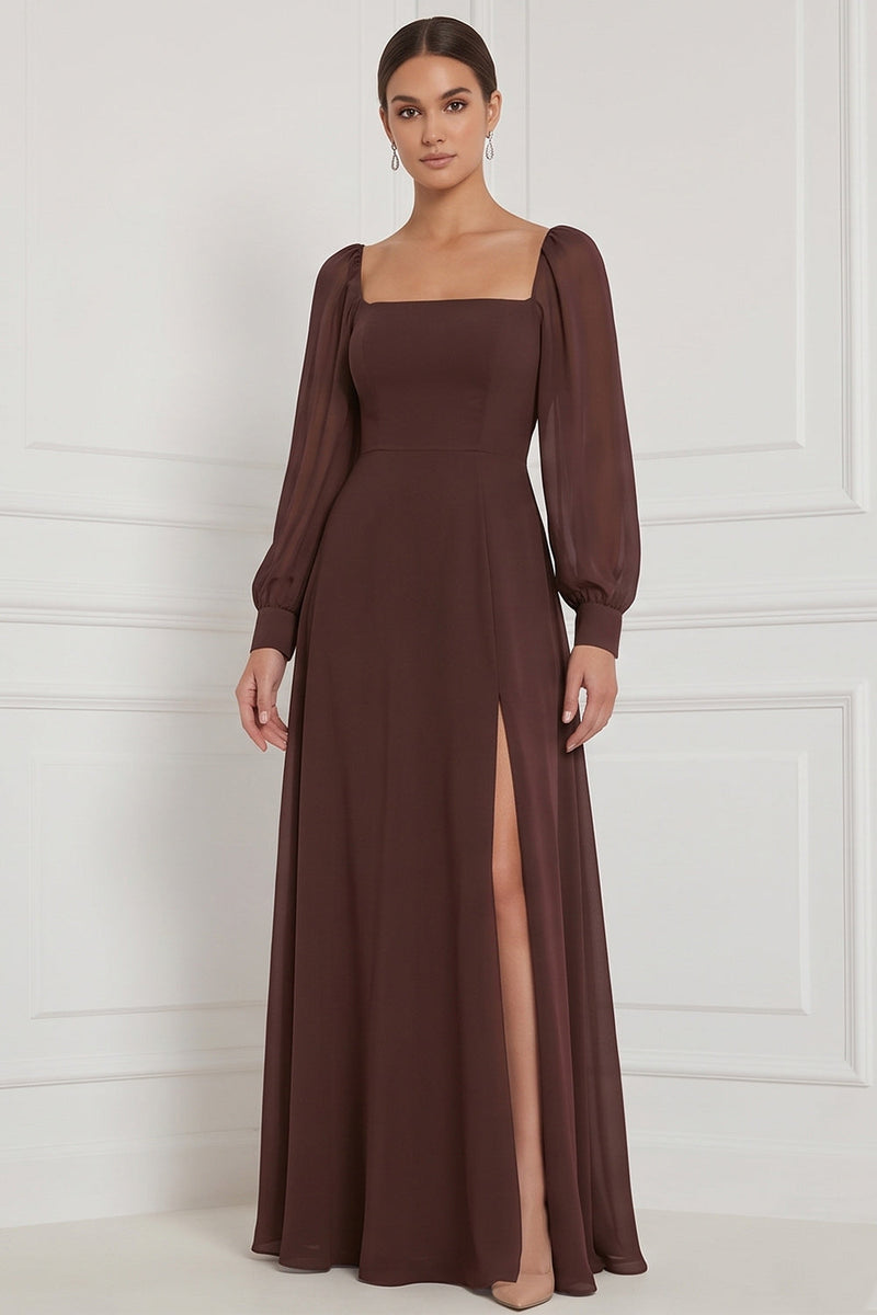 Laden Sie das Bild in den Galerie-Viewer, Espresso A-Linie Quadrathals Puffärmel Maxi Brautjungfernkleid mit Seitenschlitz