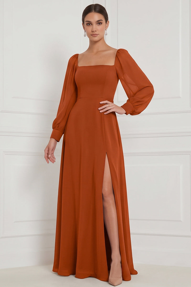 Laden Sie das Bild in den Galerie-Viewer, Espresso A-Linie Quadrathals Puffärmel Maxi Brautjungfernkleid mit Seitenschlitz