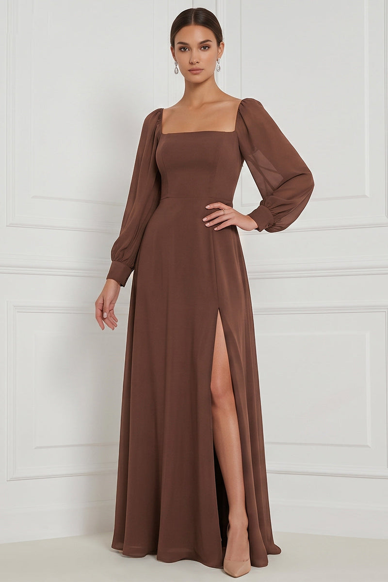 Laden Sie das Bild in den Galerie-Viewer, Espresso A-Linie Quadrathals Puffärmel Maxi Brautjungfernkleid mit Seitenschlitz