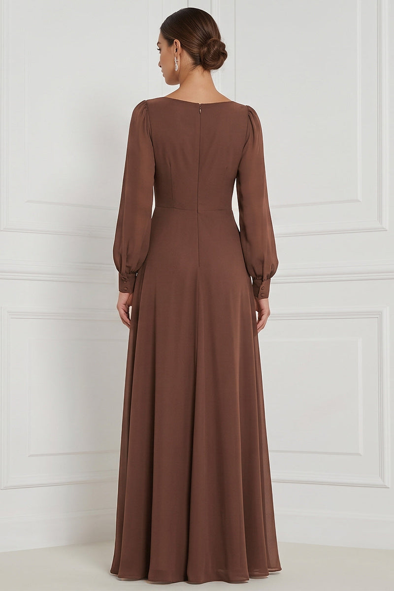 Laden Sie das Bild in den Galerie-Viewer, Espresso A-Linie Quadrathals Puffärmel Maxi Brautjungfernkleid mit Seitenschlitz