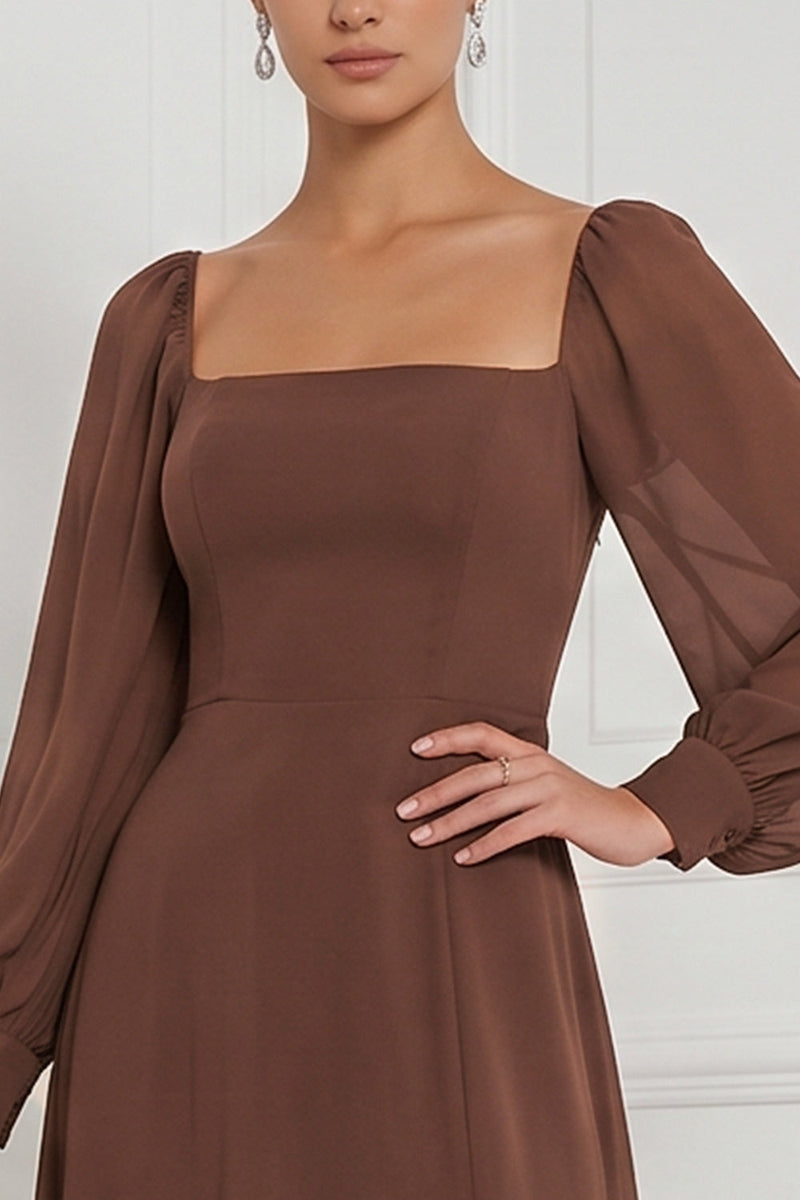 Laden Sie das Bild in den Galerie-Viewer, Espresso A-Linie Quadrathals Puffärmel Maxi Brautjungfernkleid mit Seitenschlitz