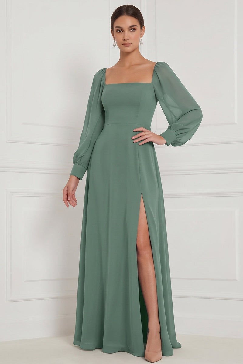 Laden Sie das Bild in den Galerie-Viewer, Espresso A-Linie Quadrathals Puffärmel Maxi Brautjungfernkleid mit Seitenschlitz