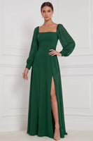 Laden Sie das Bild in den Galerie-Viewer, Espresso A-Linie Quadrathals Puffärmel Maxi Brautjungfernkleid mit Seitenschlitz