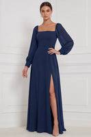 Laden Sie das Bild in den Galerie-Viewer, Espresso A-Linie Quadrathals Puffärmel Maxi Brautjungfernkleid mit Seitenschlitz
