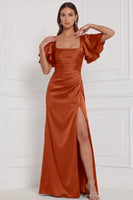 Laden Sie das Bild in den Galerie-Viewer, Espresso Scheide Maxi Brautjungfernkleid mit Schlitz und quadratischem Ausschnitt