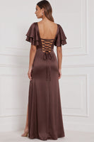 Laden Sie das Bild in den Galerie-Viewer, Espresso Scheide Maxi Brautjungfernkleid mit Schlitz und quadratischem Ausschnitt