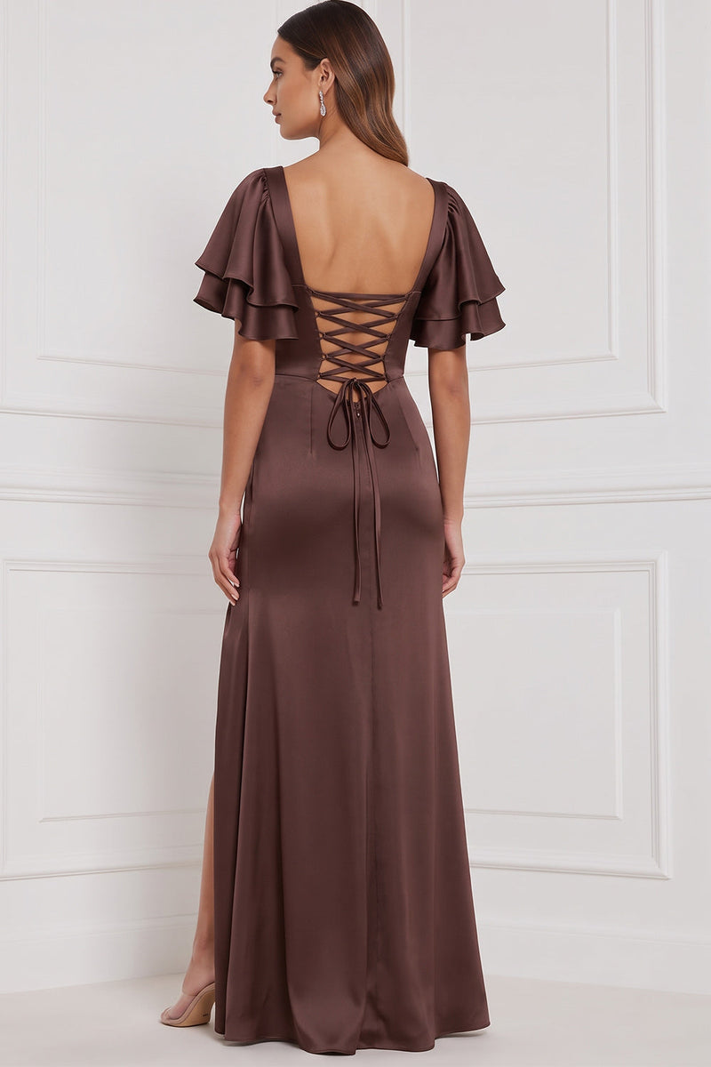 Laden Sie das Bild in den Galerie-Viewer, Espresso Scheide Maxi Brautjungfernkleid mit Schlitz und quadratischem Ausschnitt