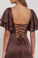 Laden Sie das Bild in den Galerie-Viewer, Espresso Scheide Maxi Brautjungfernkleid mit Schlitz und quadratischem Ausschnitt