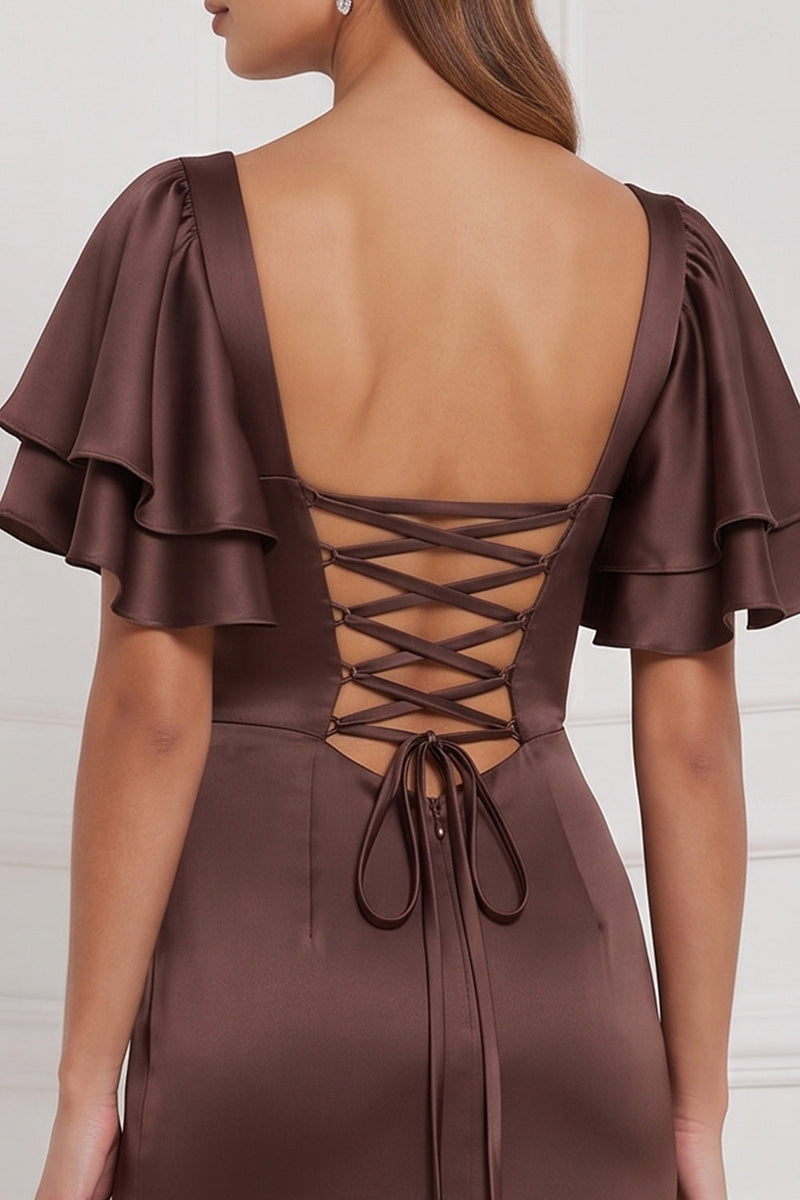 Laden Sie das Bild in den Galerie-Viewer, Espresso Scheide Maxi Brautjungfernkleid mit Schlitz und quadratischem Ausschnitt