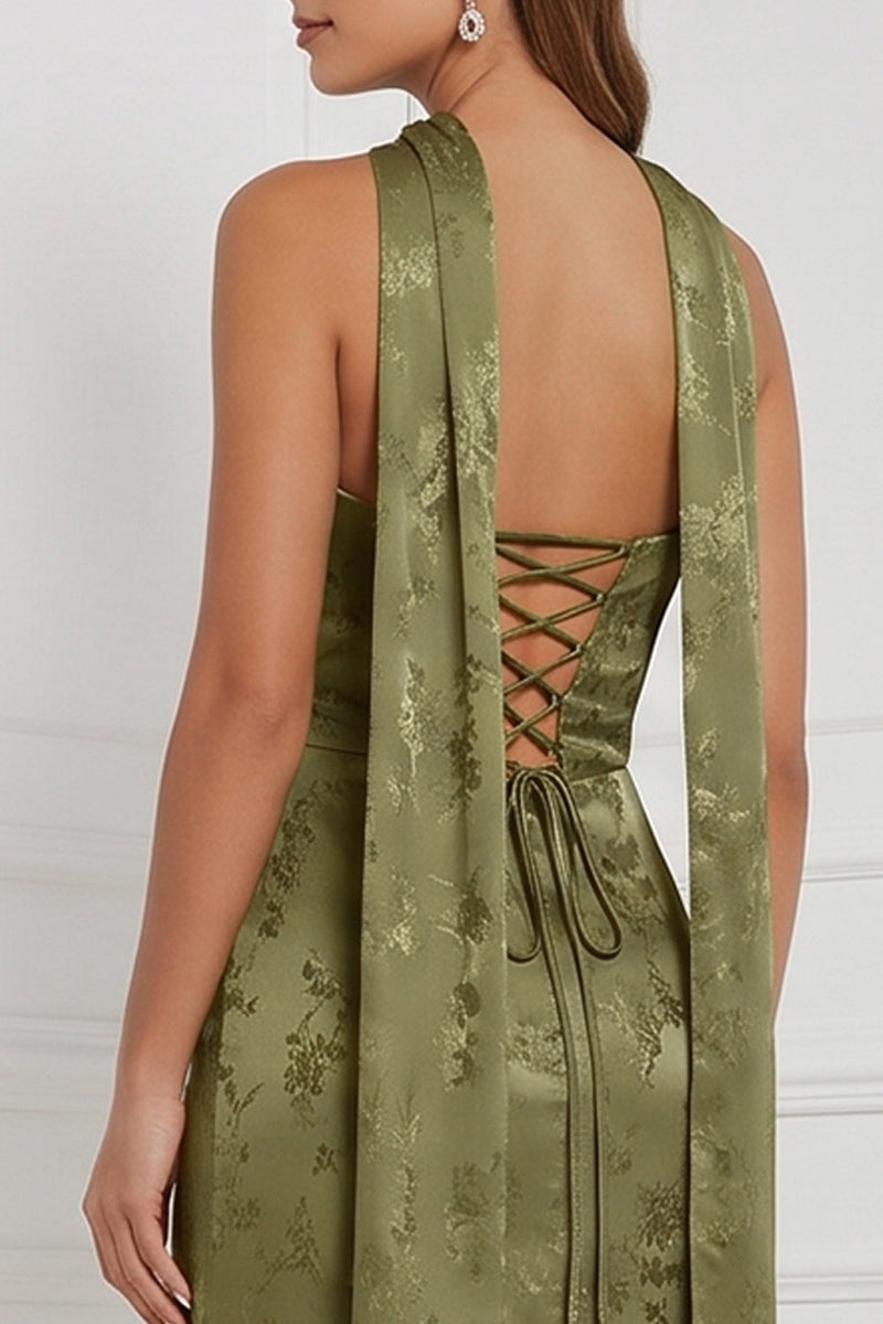 Laden Sie das Bild in den Galerie-Viewer, Olive Bedrucktes Trägerloses Gerafftes Maxi Brautjungfernkleid mit Seitenschlitz