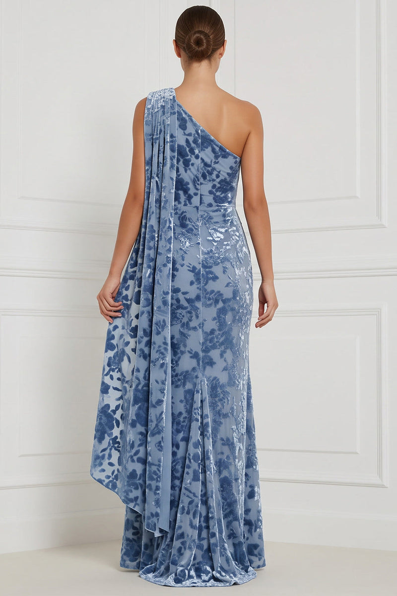 Laden Sie das Bild in den Galerie-Viewer, Blaue Scheide Samt Ein Schulter Gerafftes Langes Brautjungfernkleid