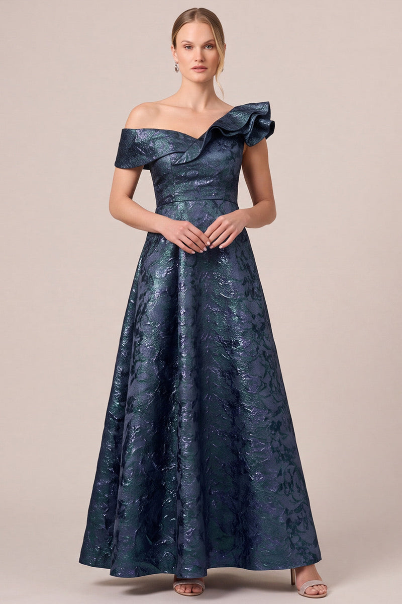 Laden Sie das Bild in den Galerie-Viewer, Marineblaues Asymmetrisches Schulterloses A-Linie Jacquard Mutter der Braut Kleid