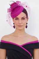 Laden Sie das Bild in den Galerie-Viewer, Fuchsia Sinamay Birdcage Veil 3D Stoff Blumen Faszinatorhut mit Feder