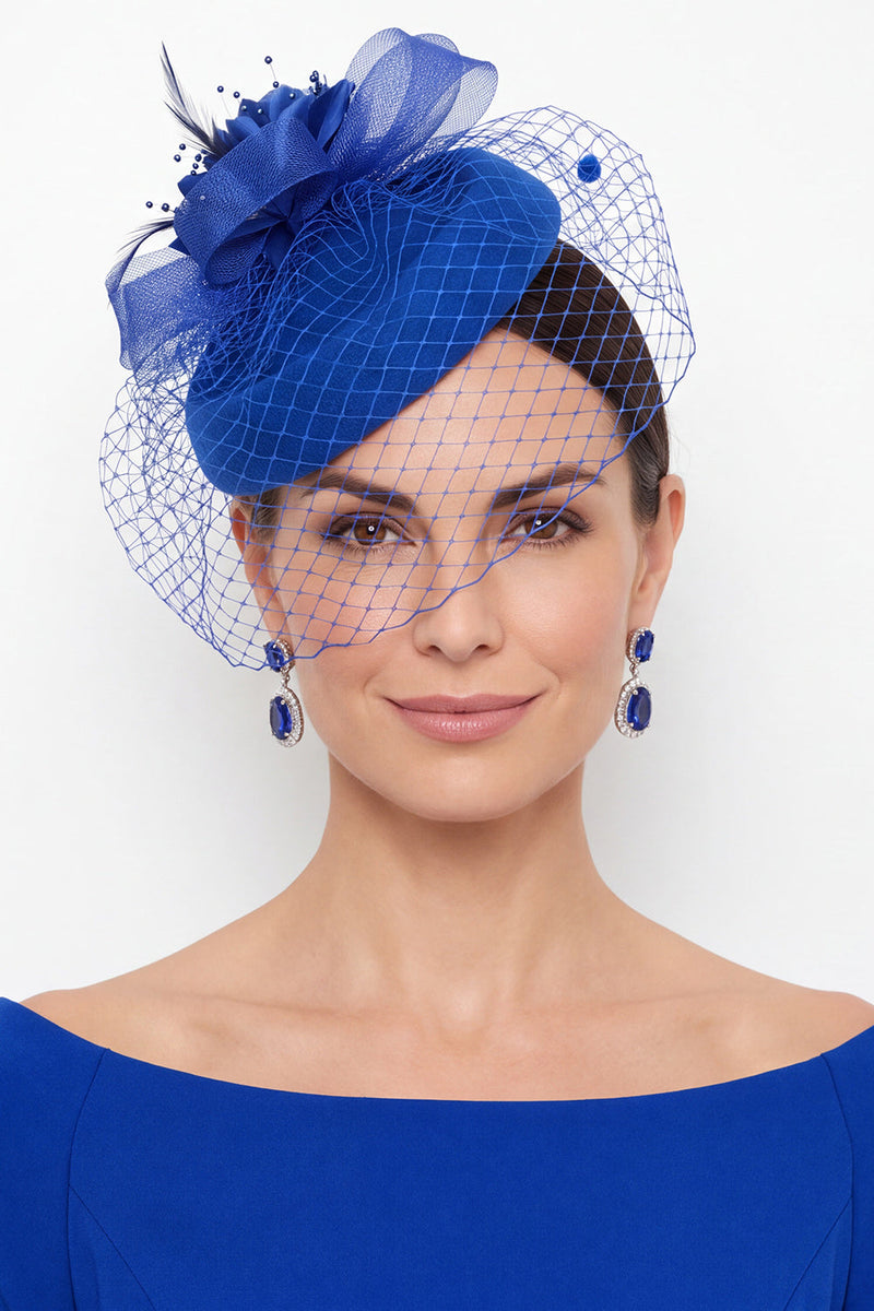 Laden Sie das Bild in den Galerie-Viewer, Fuchsia Sinamay Birdcage Veil 3D Stoff Blumen Faszinatorhut mit Feder
