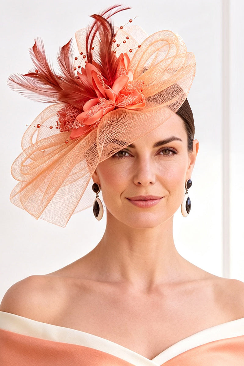 Laden Sie das Bild in den Galerie-Viewer, Orange Sinamay Mesh Loops 3D Stoff Blumenfedern Spitzen-Fascinatorhut mit Perlen