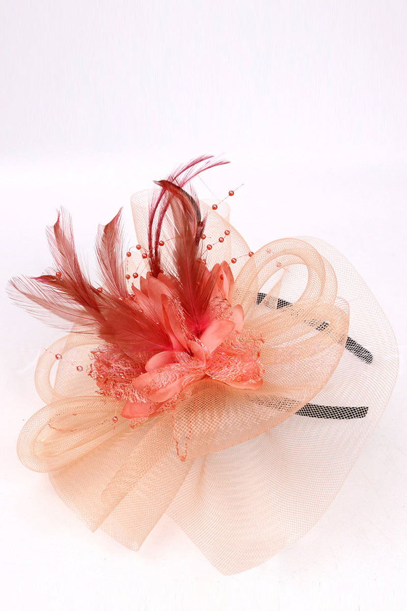 Laden Sie das Bild in den Galerie-Viewer, Orange Sinamay Mesh Loops 3D Stoff Blumenfedern Spitzen-Fascinatorhut mit Perlen