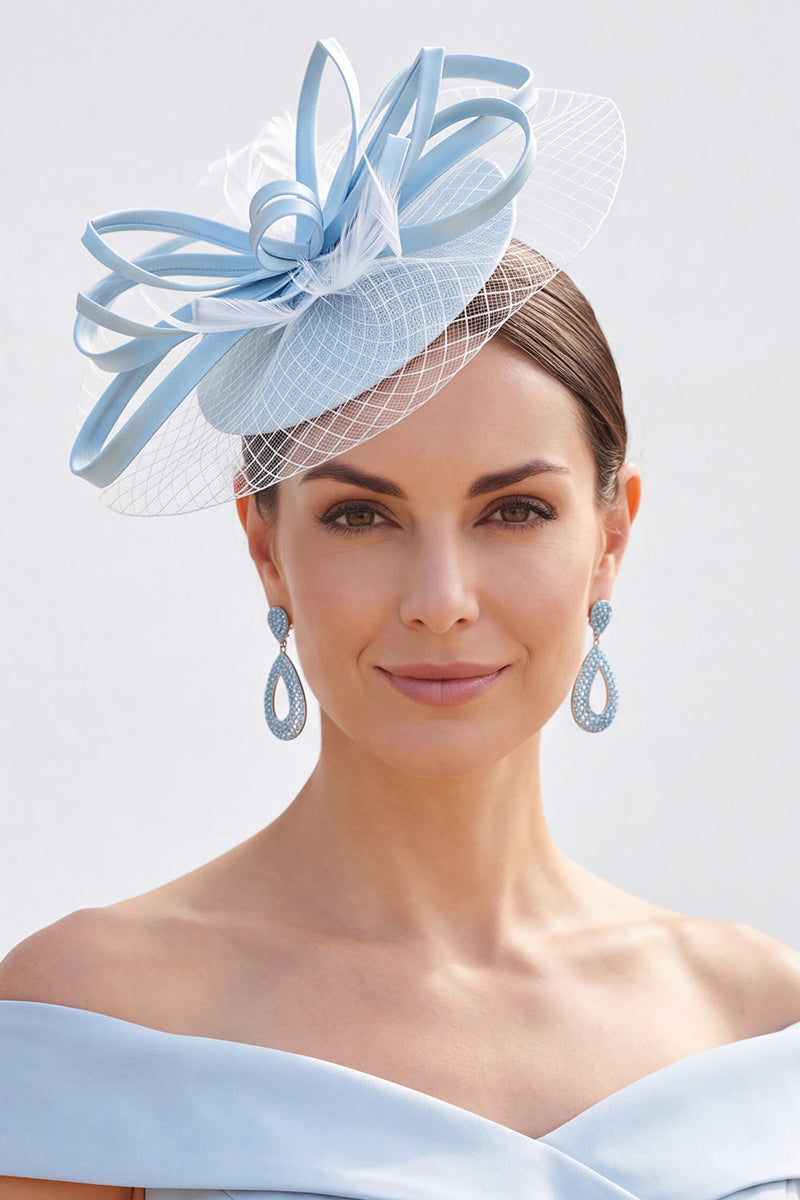 Laden Sie das Bild in den Galerie-Viewer, Blaue Satinbänder Krinoline-Netz Fascinatorhut mit Federn